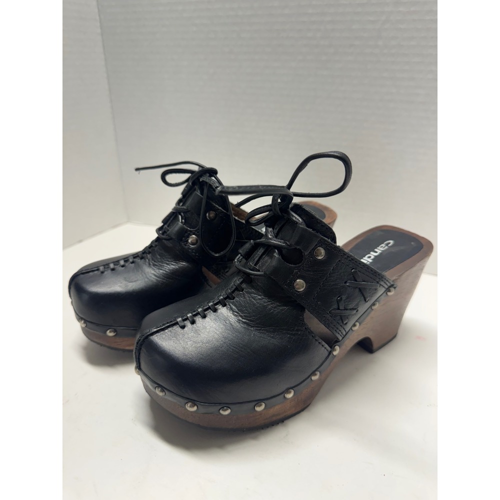Candies Vintage Black Leather Lace Up Wooden Platform Clogs Mules Size 5M Brazil